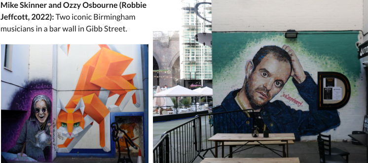 Mike Skinner and Ozzy Osbourne (Robbie Jeffcott, 2022): Two iconic Birmingham musicians in a bar wall in Gibb Street.